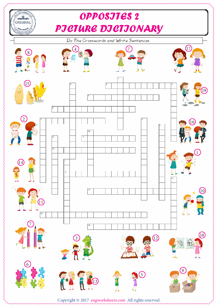  ESL printable worksheet for kids, supply the missing words of the crossword by using the Opposites picture. 